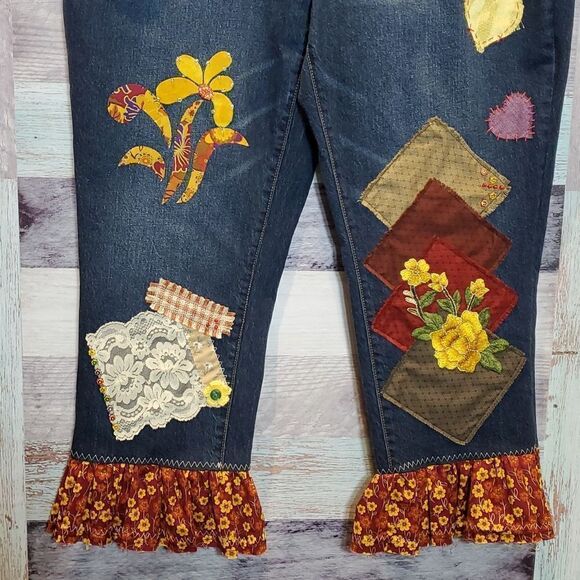 Upcycled Rust Gold Flowers Ruffle Beaded Lace Frayed BoHo Crop Jeans Sz 16 - Picture 3 of 13
